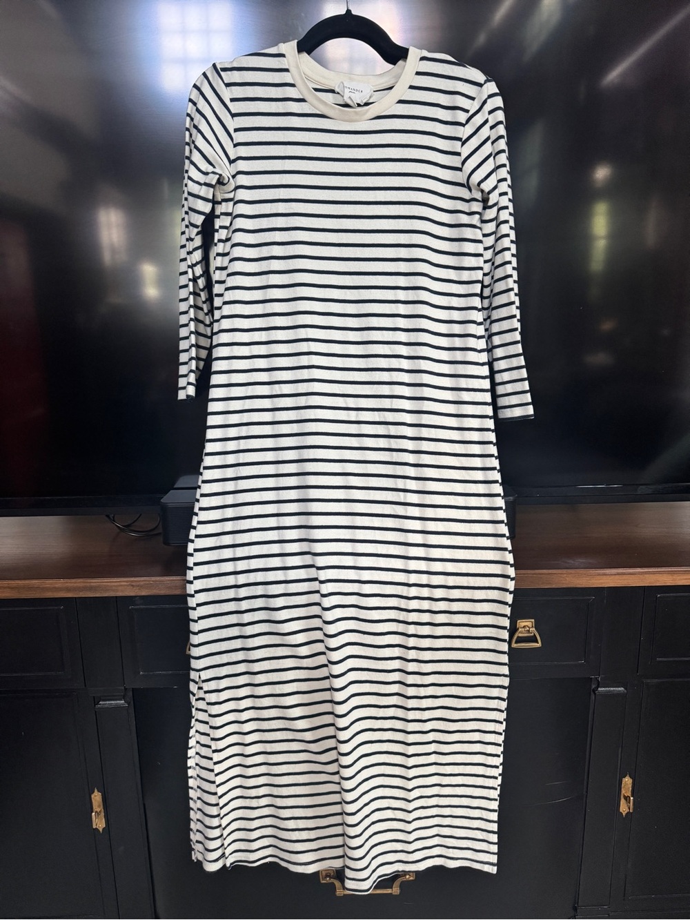 Pomander Place Black and White Striped Maxi Dress